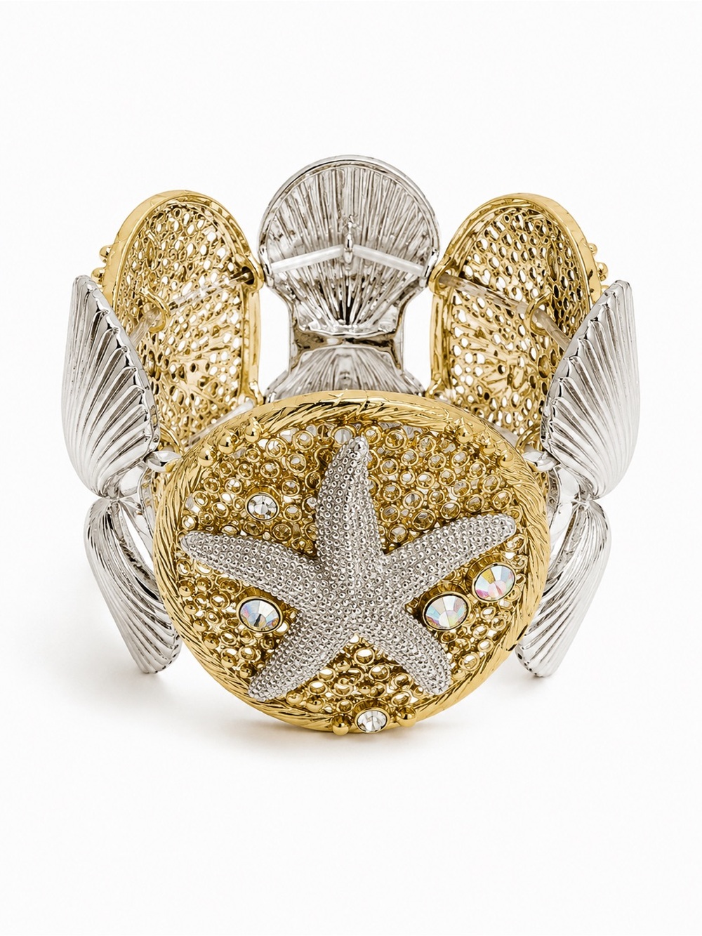 Coastal Starfish Shell Stretch Bracelet Gold Silver Rhinestone Beach NWT - Picture 6 of 6